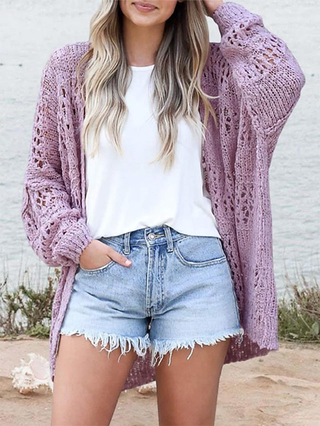 Women's Cardigan Sweater Jumper Crochet Knit Hole Solid Color Open Front Stylish Casual Daily Going out Summer Spring Purple Green S M L - LuckyFash™