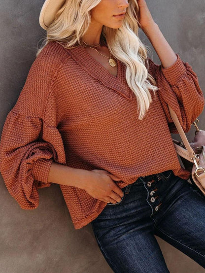 Loose V-neck Lantern Sleeve Top - Blouses - INS | Online Fashion Free Shipping Clothing, Dresses, Tops, Shoes - 20-30 - 20/07/2021 - BLO2107201212