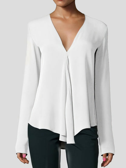 V-neck Long-sleeved Chiffon Solid Blouse - Drop Shoulder - Closed - Shirt