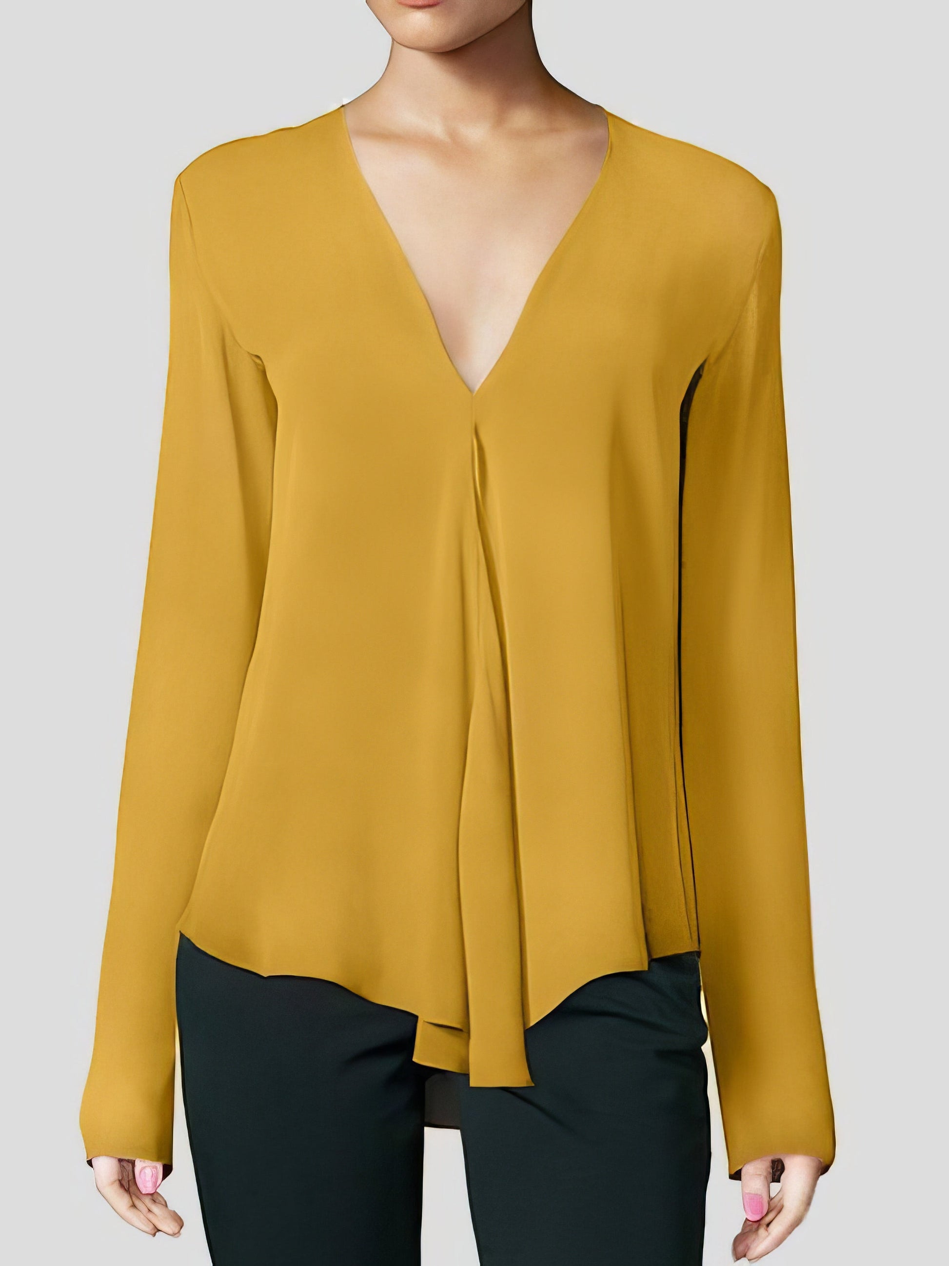 MsDressly Blouses V-neck Long-sleeved Chiffon Solid Blouse - Drop Shoulder - Closed - Shirt BLO2107031157RBLUS