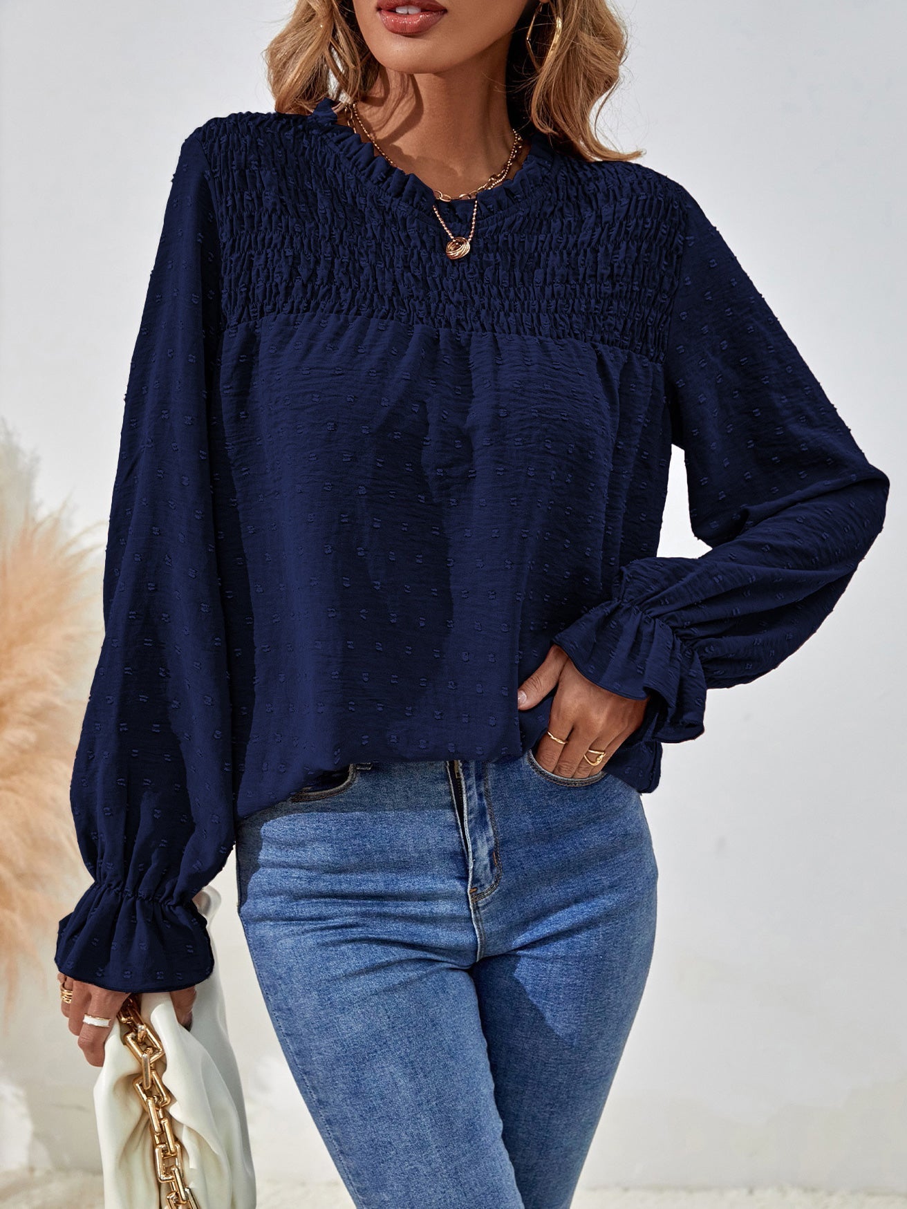 Women's Blouses Solid Jacquard Crew Neck Long Sleeve Blouse - Blouses - Instastyled | Online Fashion Free Shipping Clothing, Dresses, Tops, Shoes - 21/07/2022 - BLO2207211788 - Blouses