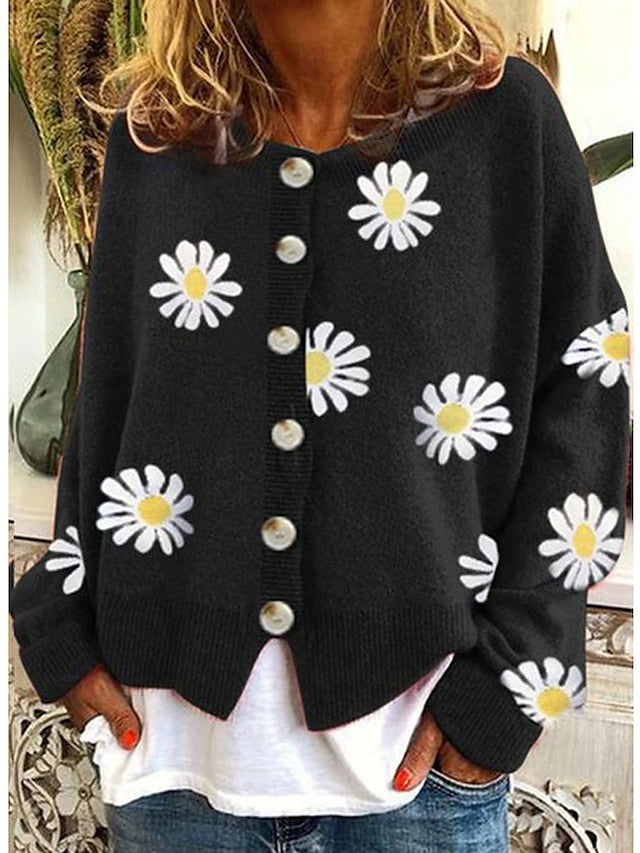 Women's Cardigan Knitted Button Print Floral Daisy Stylish Basic Casual Long Sleeve Regular Fit Sweater Cardigans Open Front Fall Winter Spring Blue Black Gray / Going out - LuckyFash™